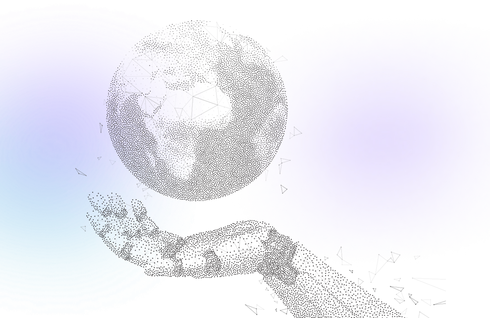 dotted line robot hand holding a globe